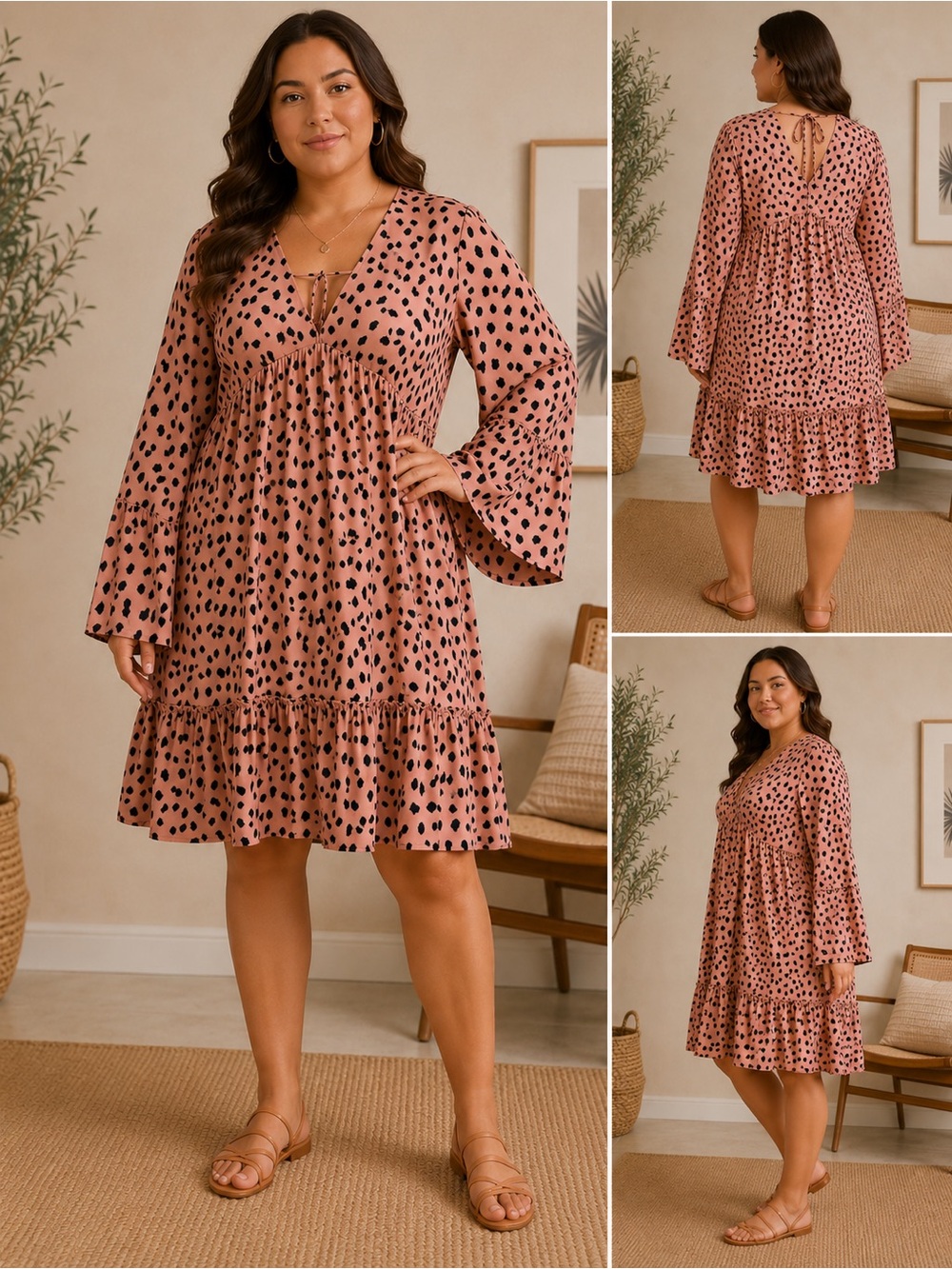 Peach Love California Dusty Pink Black Dot Tiered V-Neck Mini Dress